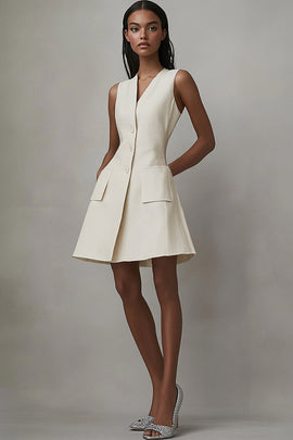 Ivory Satin Short A Line Work Blazer Dress with Pockets