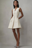 Ivory Satin Short A Line Work Blazer Dress with Pockets