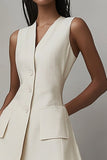 Ivory Satin Short A Line Work Blazer Dress with Pockets
