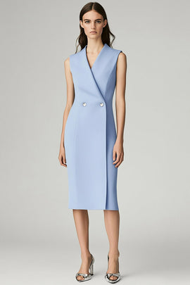Sky Blue Satin Midi Bodycon Work Blazer Dress