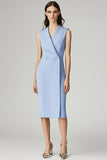 Sky Blue Satin Midi Bodycon Work Blazer Dress
