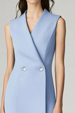 Sky Blue Satin Midi Bodycon Work Blazer Dress