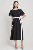 Black and White Satin A Line Midi Work Dress with Short Sleeves
