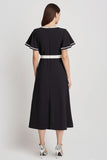 Black and White Satin A Line Midi Work Dress with Short Sleeves
