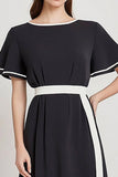 Black and White Satin A Line Midi Work Dress with Short Sleeves