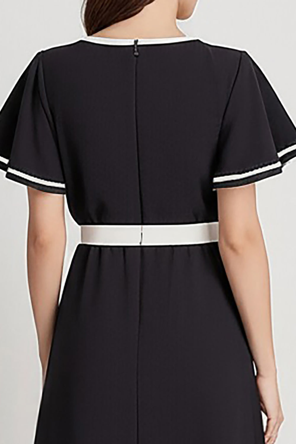 Black and White Satin A Line Midi Work Dress with Short Sleeves