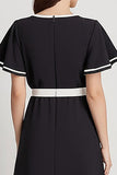 Black and White Satin A Line Midi Work Dress with Short Sleeves