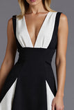 Black and White Patchwork Satin A Line V-Neck Long Formal Dress