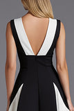 Black and White Patchwork Satin A Line V-Neck Long Formal Dress