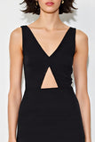 Satin A Line V-Neck Cut Out Long Black Tie Dress