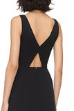 Satin A Line V-Neck Cut Out Long Black Tie Dress