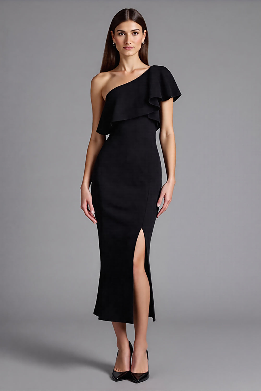 Satin One Shoulder Ruffled Long Black Tie Dress with Slit