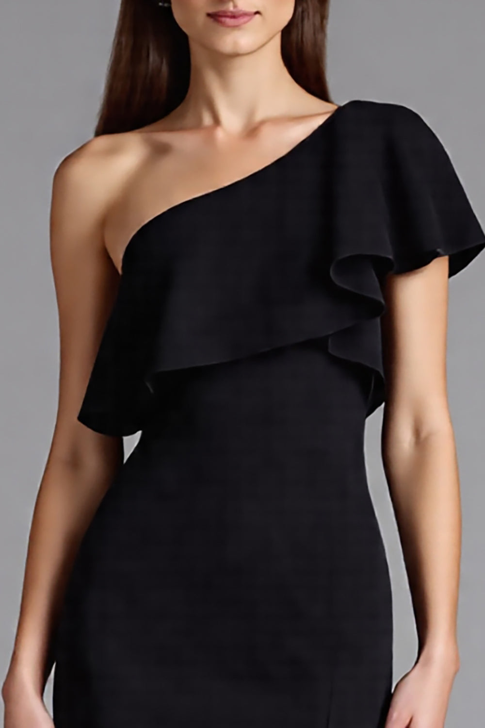 Satin One Shoulder Ruffled Long Black Tie Dress with Slit