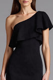 Satin One Shoulder Ruffled Long Black Tie Dress with Slit