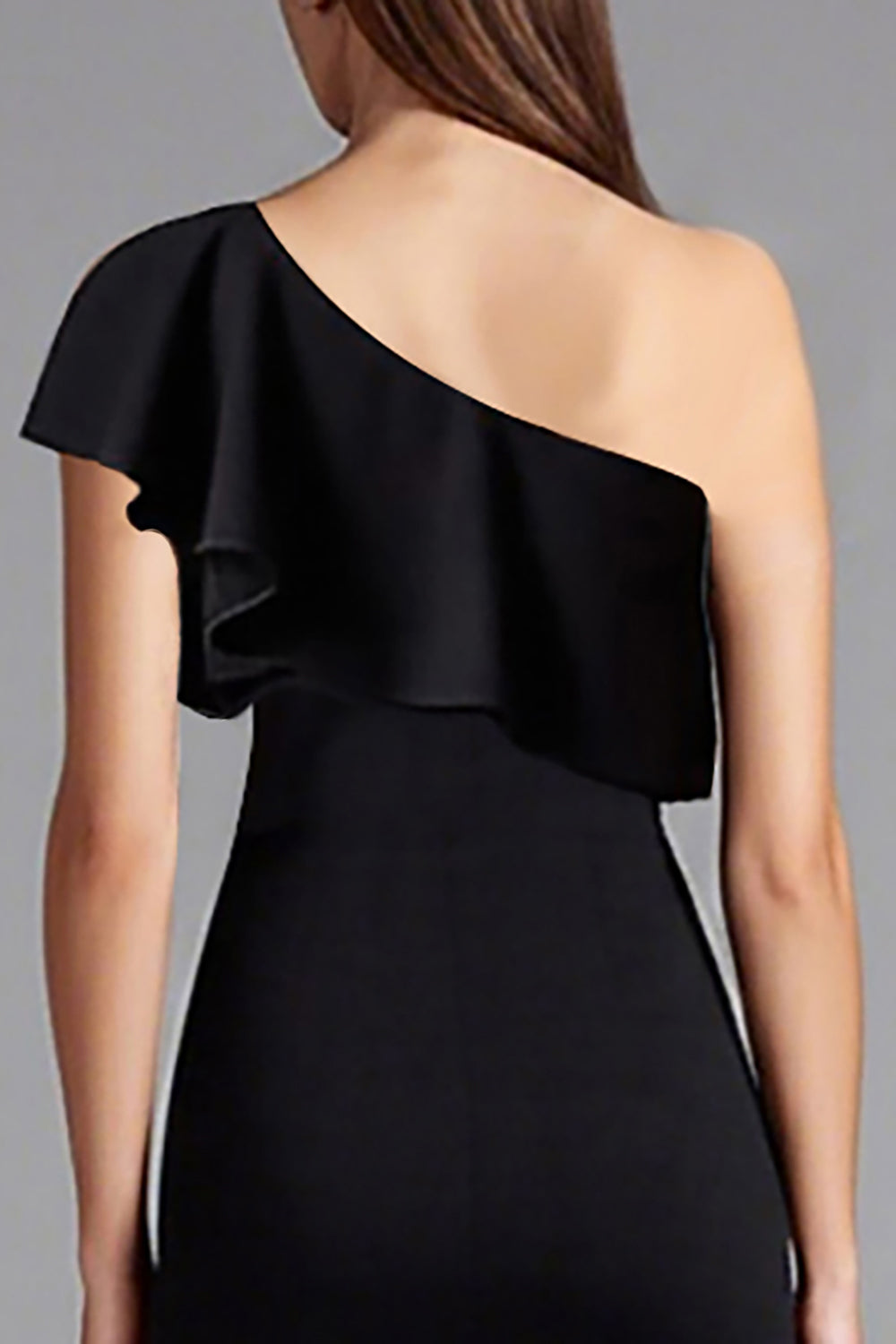 Satin One Shoulder Ruffled Long Black Tie Dress with Slit