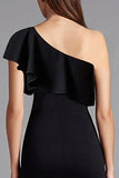 Satin One Shoulder Ruffled Long Black Tie Dress with Slit