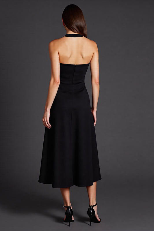 Black Satin Halter A Line Midi Cocktail Dress with Slit