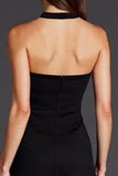 Black Satin Halter A Line Midi Cocktail Dress with Slit