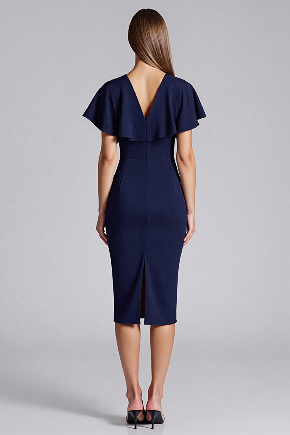 Navy Satin V-Neck Bodycon Midi Cocktail Dress with Ruffles