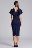 Navy Satin V-Neck Bodycon Midi Cocktail Dress with Ruffles
