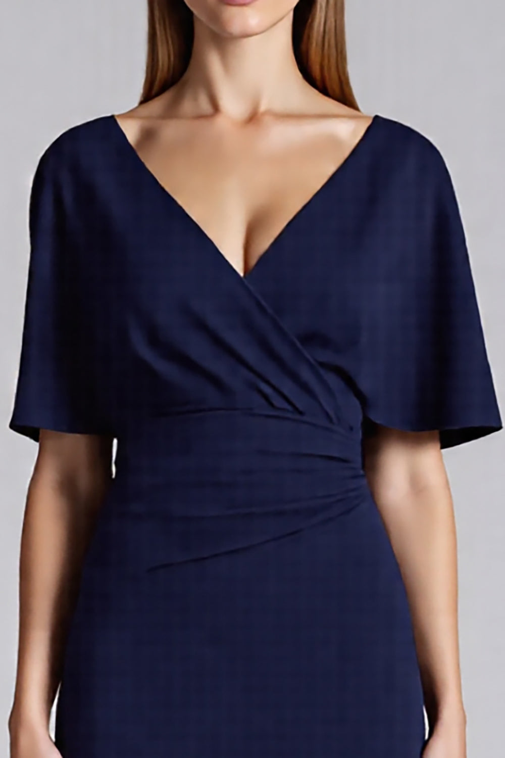 Navy Satin V-Neck Bodycon Midi Cocktail Dress with Ruffles