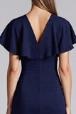 Navy Satin V-Neck Bodycon Midi Cocktail Dress with Ruffles