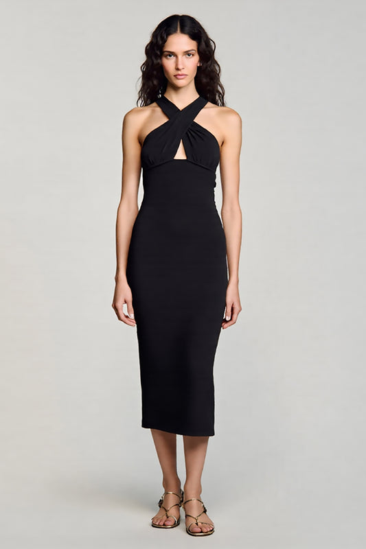 Black Satin Halter Bodycon Keyhole Midi Cocktail Dress