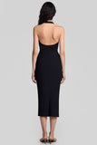 Black Satin Halter Bodycon Keyhole Midi Cocktail Dress