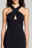 Black Satin Halter Bodycon Keyhole Midi Cocktail Dress