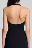 Black Satin Halter Bodycon Keyhole Midi Cocktail Dress