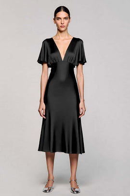 Black Satin A Line V-Neck Midi Cocktail Dress with Ruffles