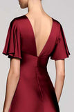 Black Satin A Line V-Neck Midi Cocktail Dress with Ruffles