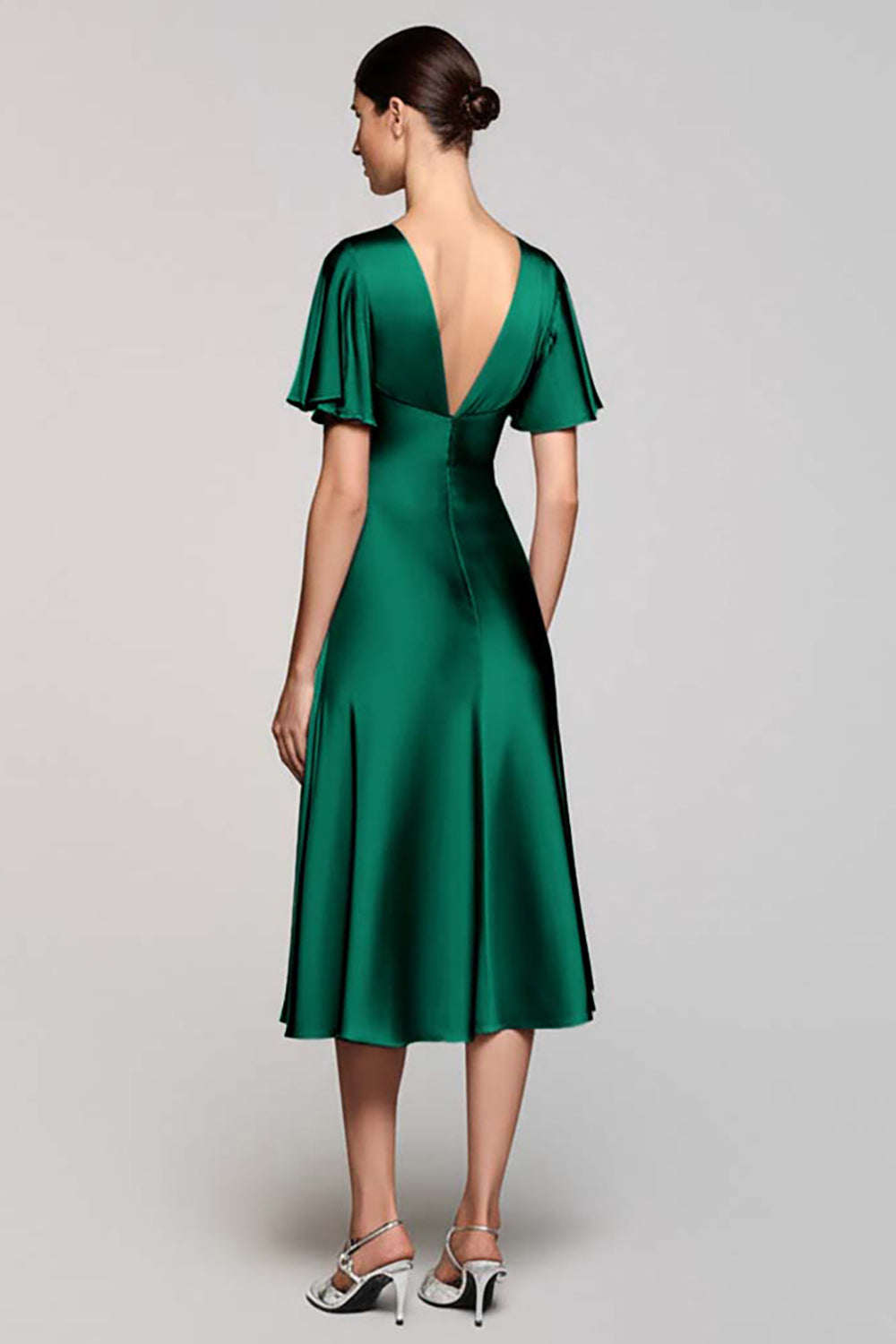 Black Satin A Line V-Neck Midi Cocktail Dress with Ruffles