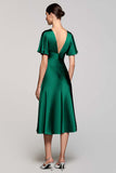 Black Satin A Line V-Neck Midi Cocktail Dress with Ruffles