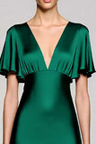 Black Satin A Line V-Neck Midi Cocktail Dress with Ruffles