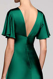 Black Satin A Line V-Neck Midi Cocktail Dress with Ruffles