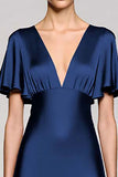 Black Satin A Line V-Neck Midi Cocktail Dress with Ruffles