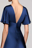 Black Satin A Line V-Neck Midi Cocktail Dress with Ruffles