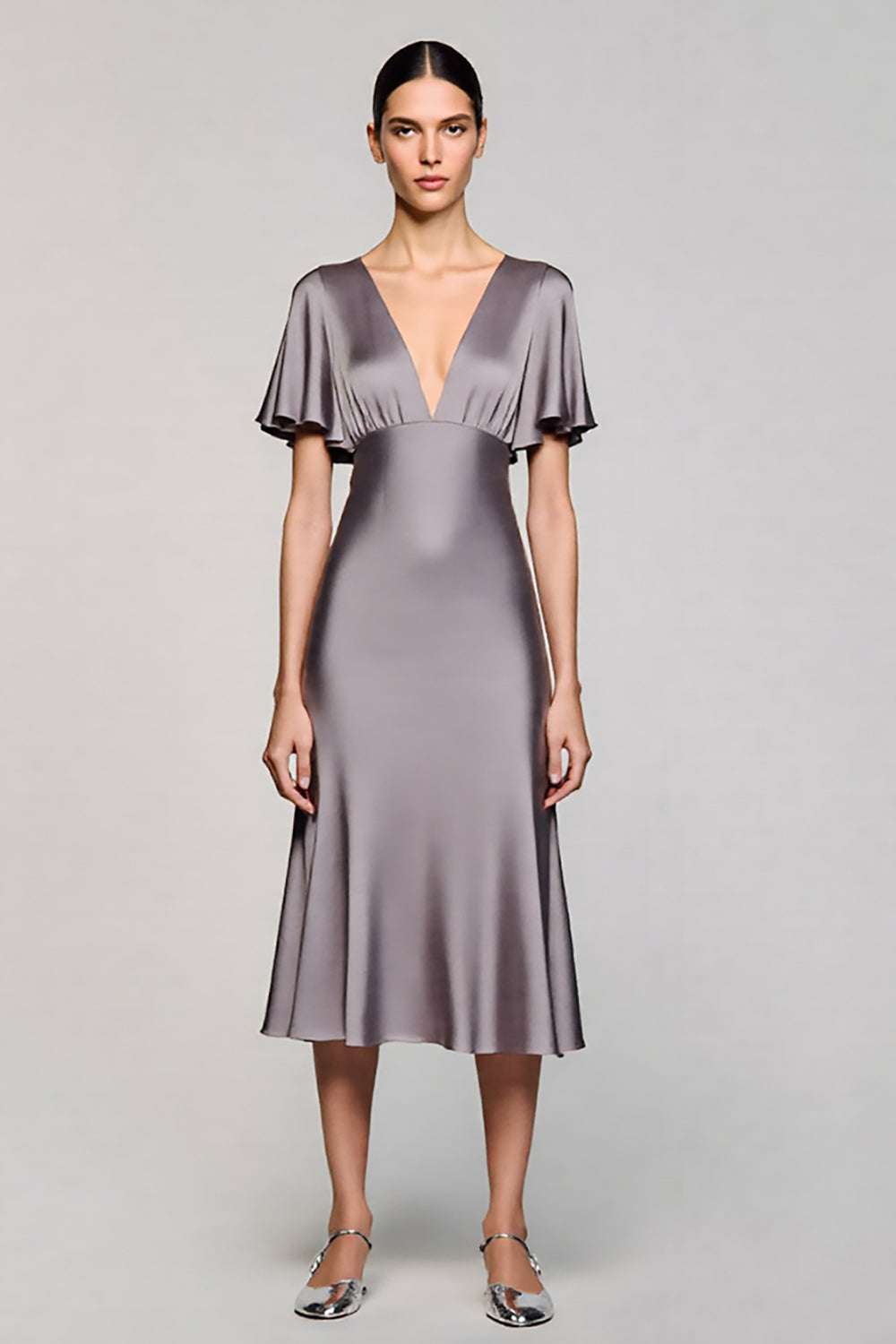 Black Satin A Line V-Neck Midi Cocktail Dress with Ruffles