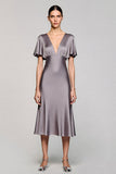 Black Satin A Line V-Neck Midi Cocktail Dress with Ruffles