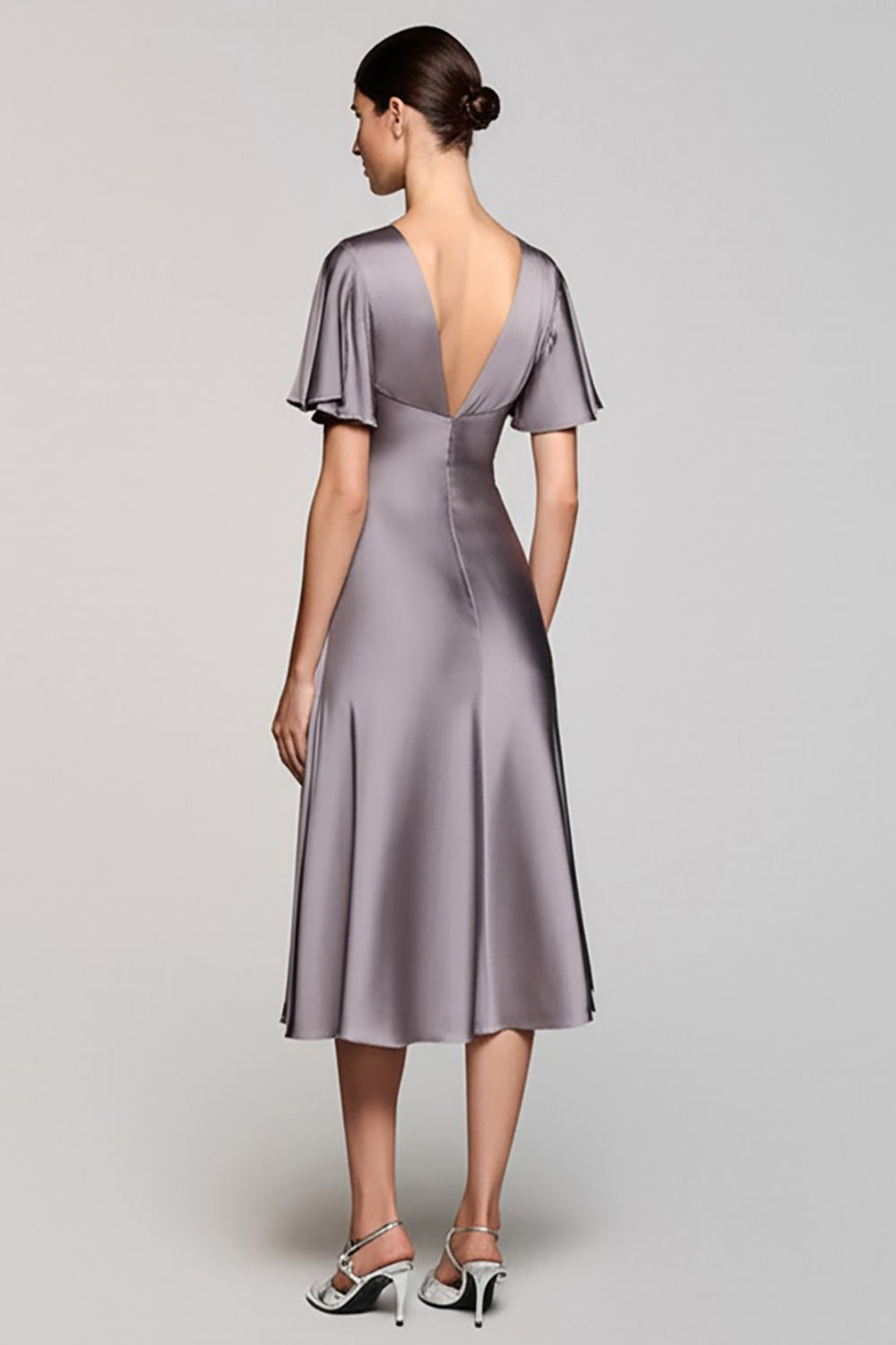 Black Satin A Line V-Neck Midi Cocktail Dress with Ruffles