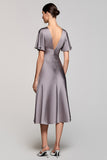 Black Satin A Line V-Neck Midi Cocktail Dress with Ruffles