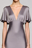 Black Satin A Line V-Neck Midi Cocktail Dress with Ruffles