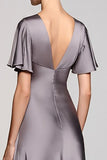 Black Satin A Line V-Neck Midi Cocktail Dress with Ruffles