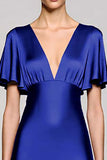 Black Satin A Line V-Neck Midi Cocktail Dress with Ruffles