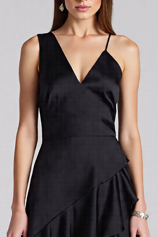 Black A Line Satin V-Neck Midi Cocktail Dress with Ruffles