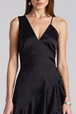 Black A Line Satin V-Neck Midi Cocktail Dress with Ruffles