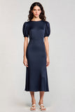 Navy Satin A Line Midi Cocktail Dress with Sleeves