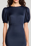 Navy Satin A Line Midi Cocktail Dress with Sleeves