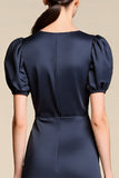 Navy Satin A Line Midi Cocktail Dress with Sleeves